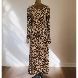 Cabi Selma Leopard Animal Print Long Sleeve Midi Dress Size L Stretch Ruched